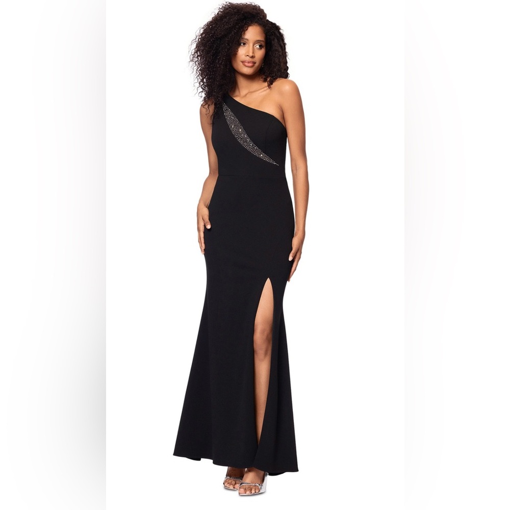 Xscape Women’s High Slit Rhinestone Embellished Gown, Black/Gunmetal, Size 6